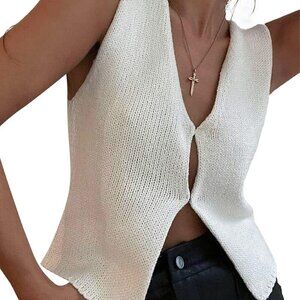 Women Y2k Crochet Vest Top Vintage Solid Color V Neck Sleeveless Button Down Cro